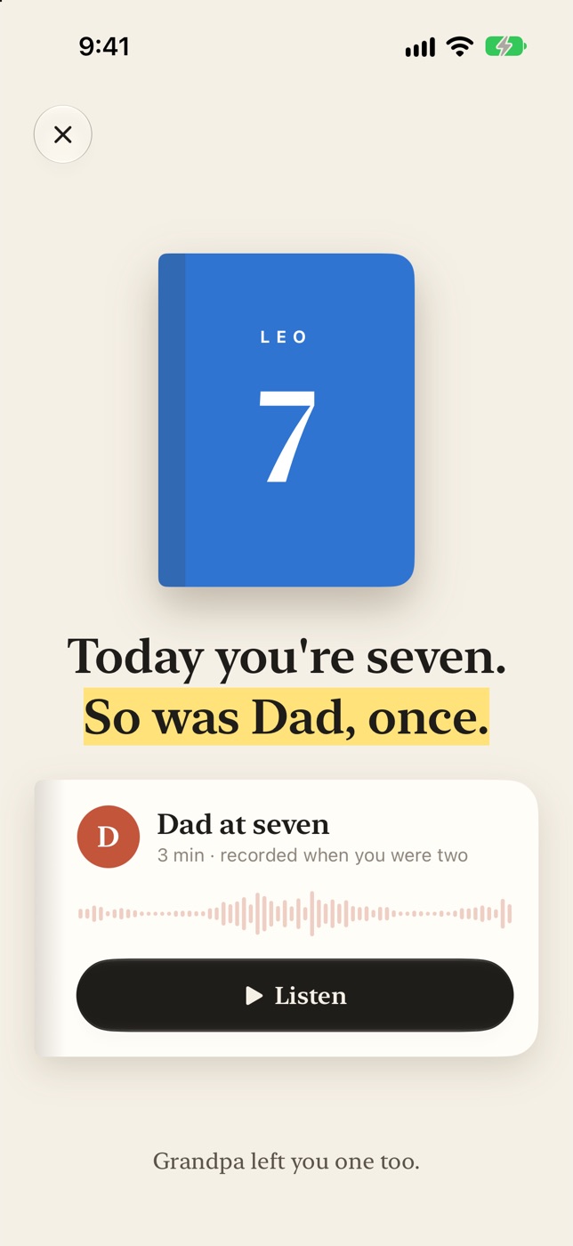 The birthday screen: a blue book with a seven on it, the words Today you're seven, so was Dad, once, and a button to listen to Dad at seven.
