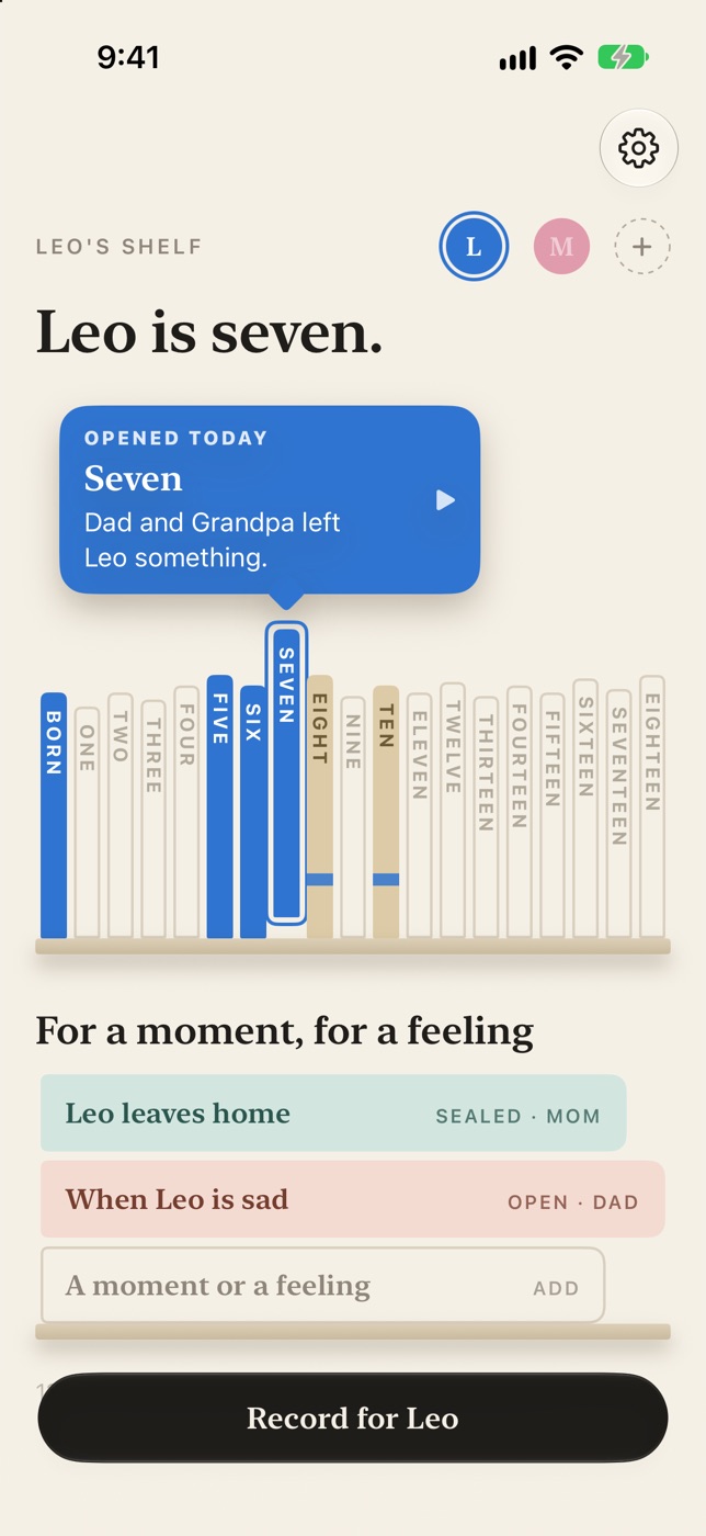 The app's home screen: Leo's shelf, with a book for each year from born to eighteen. Seven stands out, and a note says Dad and Grandpa left Leo something.